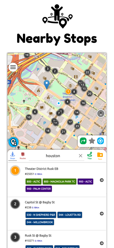 Houston Transit Metro - Interface of the Houston Transit Metro app showing a map with nearby transit stop locations and a list of bus routes