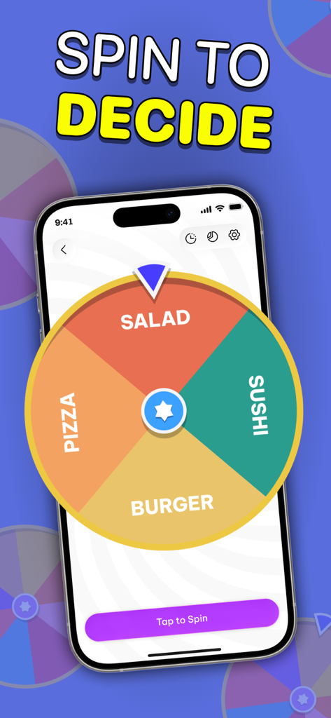 Decision - Spin Wheel - Mobile app screen showing a colorful spin wheel with food options like pizza sushi salad and burger to help make decisions