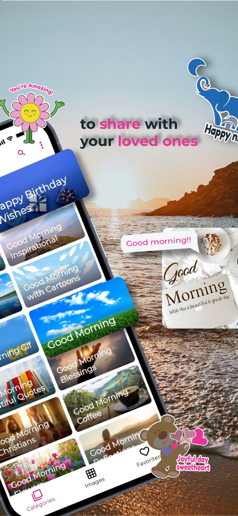 Good Morning Afternoon & Night - A mobile app interface displaying categories of daily greeting cards like morning blessings and inspirational quotes