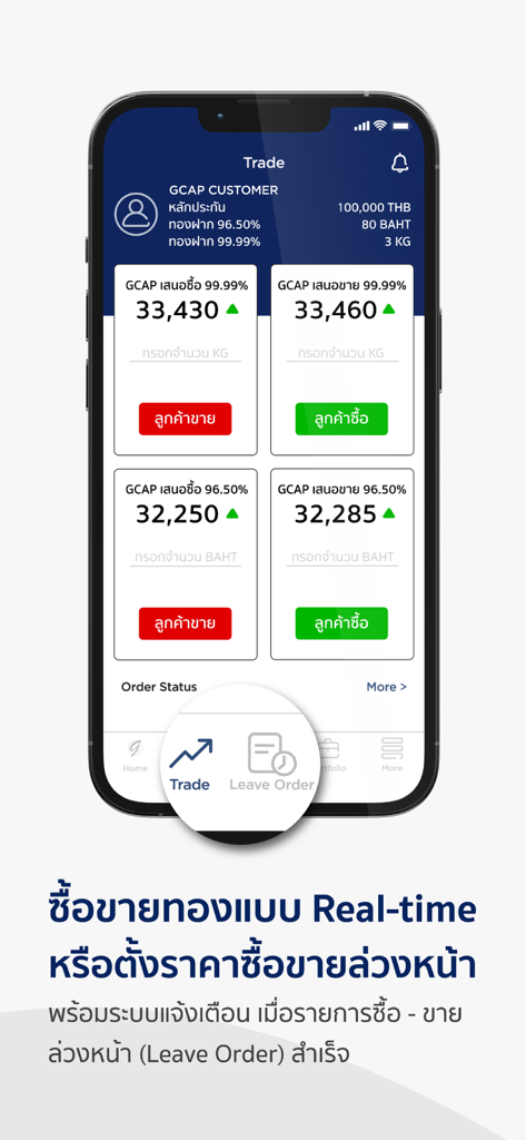 GOLD INVESTアプリのリアルタイム取引画面。96.5％および99.9％金の売買価格を表示。