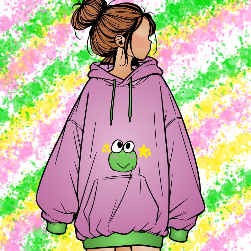 realistic girl with a oversized sweatshirt on and a bun