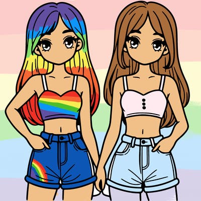 two sisters with crop tops and jean shorts and straight hair
