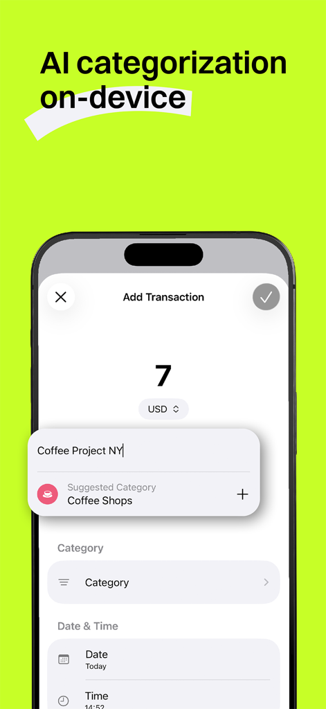 buybuy - Oberfläche der buybuy-App, die KI-gestützte On-Device-Transaktionskategorisierung für einen Kaffee-Einkauf zeigt