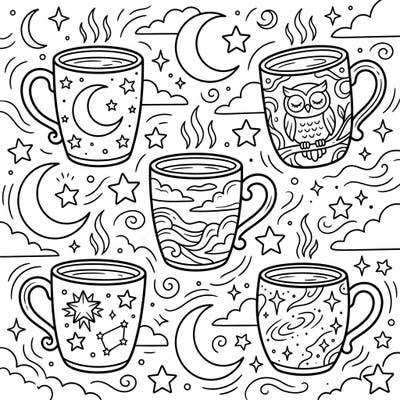 Unwind with this delightful coloring page featuring an array of charming mugs, each adorned with unique night-time designs. Immerse yourself in a starry, moonlit scene, perfect for a cozy and creative escape.