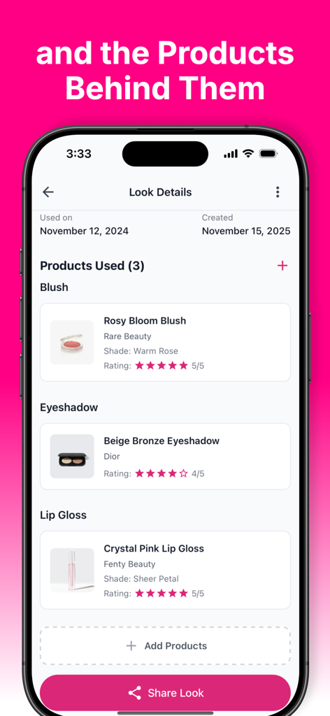 BeautyJournal - Interface of the BeautyJournal app showing the list of makeup products used for a specific look including blush and eyeshadow with ratings.