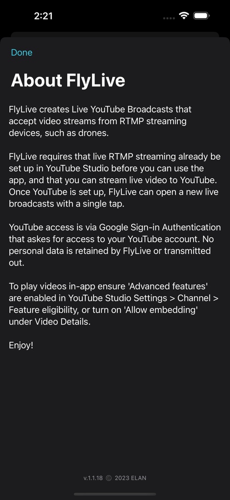 FlyLive app information page detailing YouTube live broadcast features and requirements for drone pilots