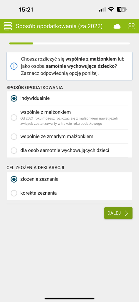 e-pity mobile app interface showing selection for taxation method and purpose of filing for Polish taxes