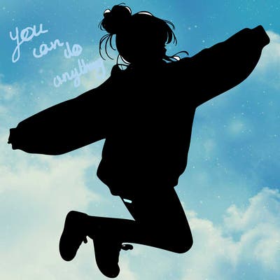 realistic girl jumping with a bun and oversized sweatshirt