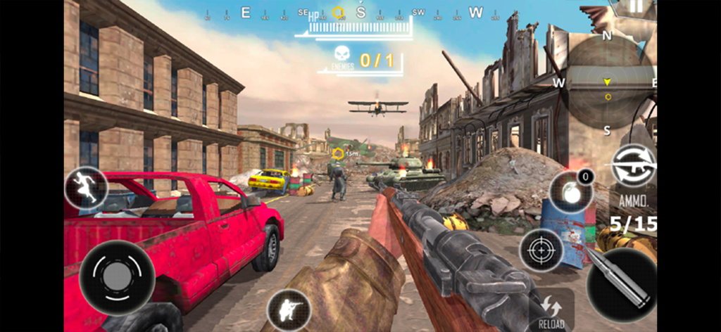 World War Survival Saga - Perspectiva en primera persona en Saga de Supervivencia en la Segunda Guerra Mundial mostrando a un soldado con un rifle en un campo de batalla urbano en ruinas con un tanque y un avión.
