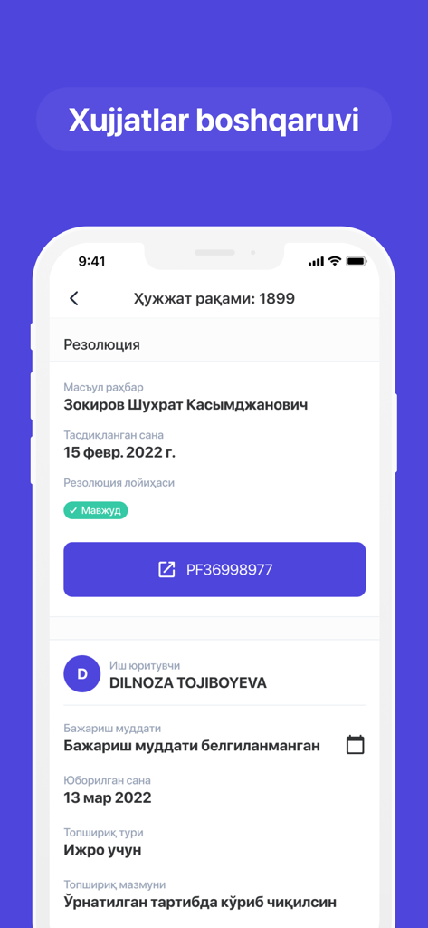 IJRO.GOV.UZ - Interface of the IJRO.GOV.UZ electronic document management system showing document details and executive resolution.