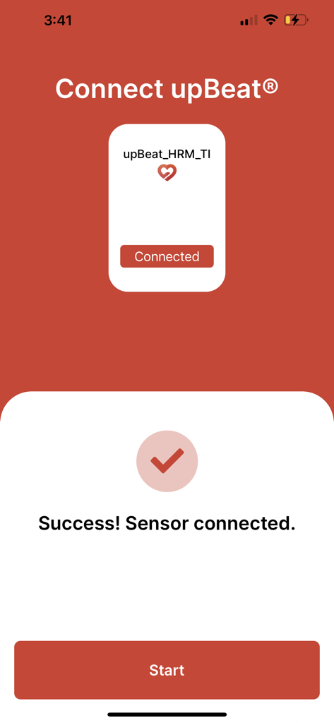 Screenshot showing the successful Bluetooth connection of the upBeat heart rate monitor sensor