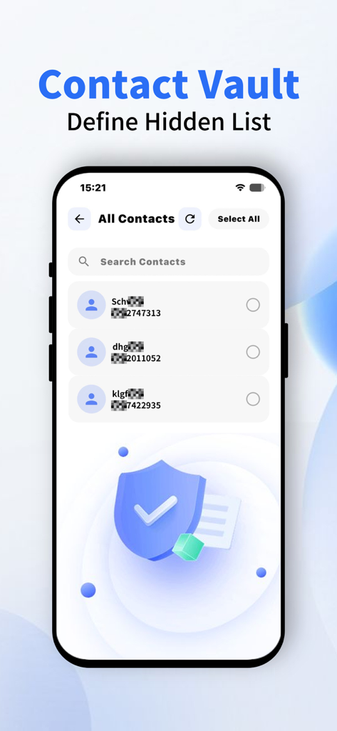 Ai Clean Master: Free Up Space - A smartphone interface showing the Contact Vault feature within the Ai Clean Master app for managing a hidden list of contacts.