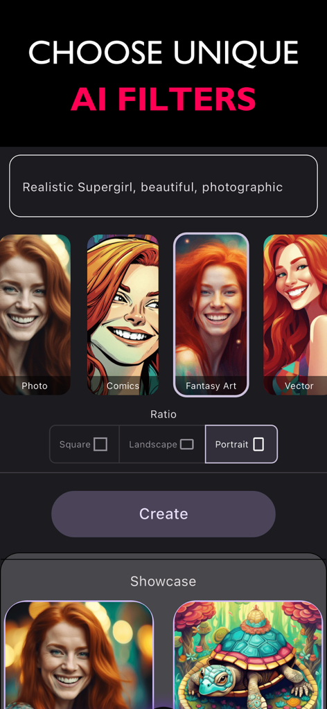 AI Image Generator + Editor - 写真、コミック、ファンタジーアートなどの様々な芸術的スタイルフィルターを表示するAI画像ジェネレーターのモバイルアプリインターフェース。