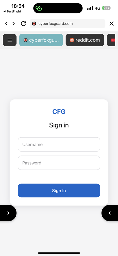 CyberFox Guard - Interfaz segura de inicio de sesión de CyberFox Guard que muestra campos de nombre de usuario y contraseña