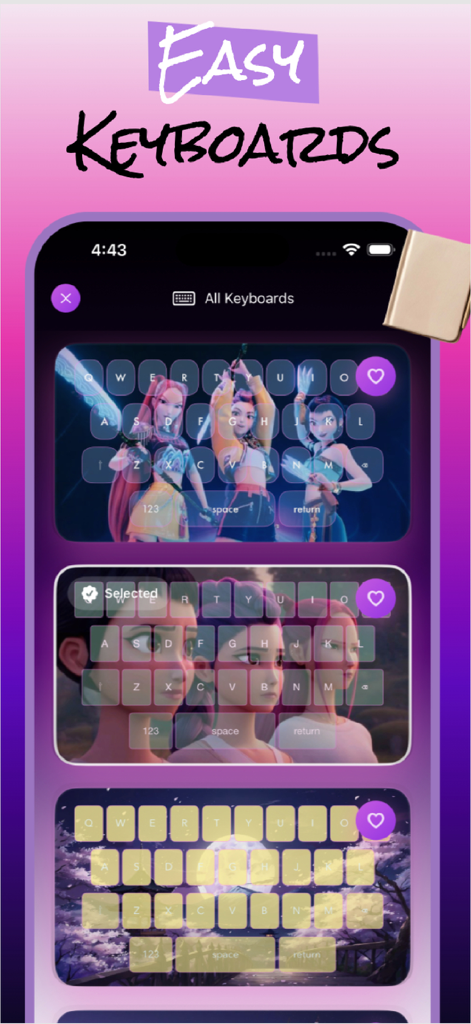 K-Pop Themes & Wallpapers - A menu in the K-Pop Themes and Wallpapers app showing multiple custom keyboard designs with idol-inspired artwork and cherry blossom backgrounds