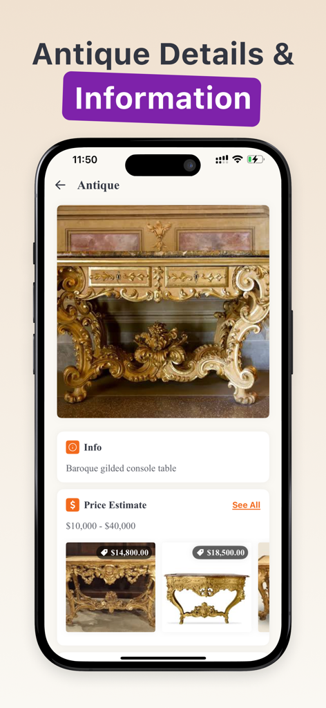 Antique Identifier - Antique Identifier app showing details and price estimate for a baroque gilded console table