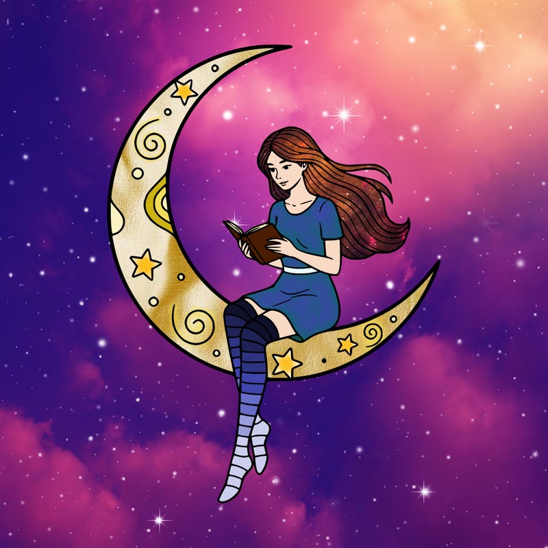 girl wearing thigh high socks sitting on a crescent moon