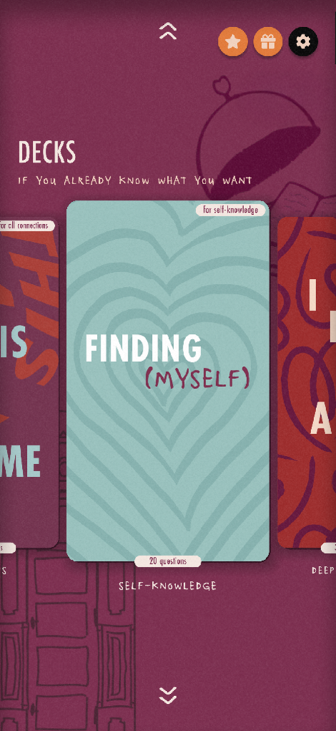 It's Not a Game - Écran d'application mobile affichant une sélection de jeux de cartes de conversation avec la carte centrale étiquetée Me trouver pour la connaissance de soi.