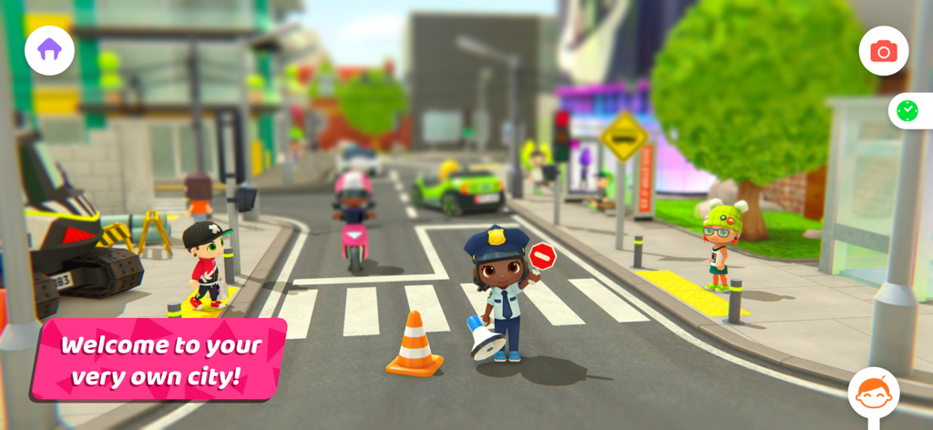 Un personaje de policía de dibujos animados parado en una escena de calle vibrante de la ciudad en Urban City Stories