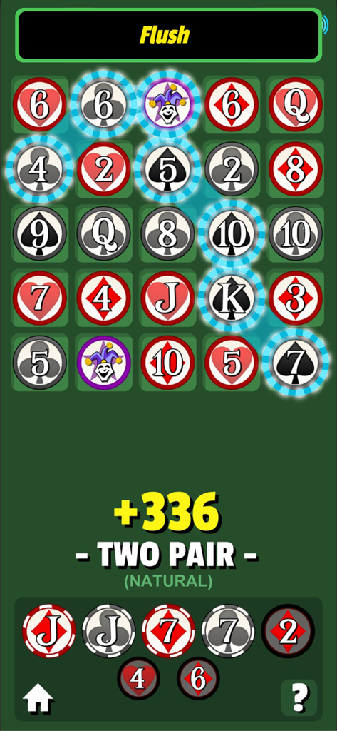 Royal Flush Game - Jogabilidade do Royal Flush Game mostrando um jogador conectando fichas de cartas em uma grade verde para formar uma mão de poker.