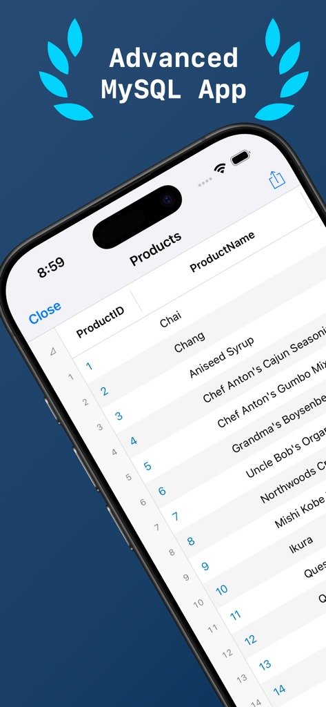A mobile interface of the MySQL Client app displaying a database table with product names and IDs