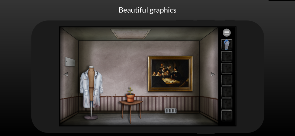 Escape Lab - Episode 2 - A dark laboratory room featuring a white medical coat and a classical painting in Escape Lab Episode 2