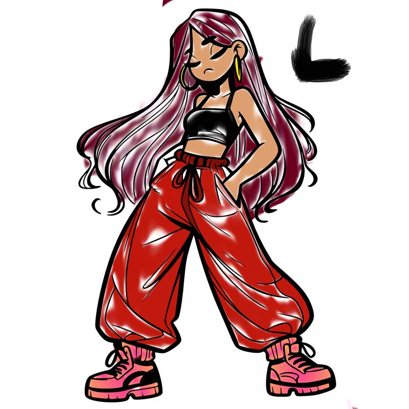 girl in baggy pants crop top and long hair