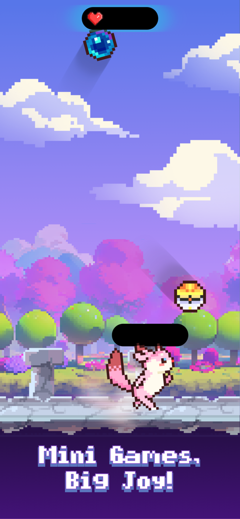 Pixel Shimeji: My Digital Pet - A pink pixel art pet character jumping in a colorful landscape with the text Mini Games Big Joy