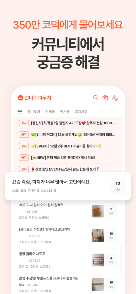언니의 파우치 앱 커뮤니티 섹션 스크린샷으로 뷰티 질문과 제품 리뷰가 표시됨