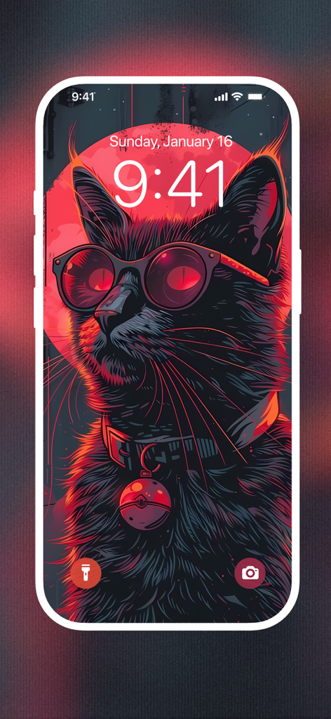 Walli - Stunning Wallpapers 4K - Stunning 4K wallpaper of a cool black cat with red sunglasses on an iPhone lock screen