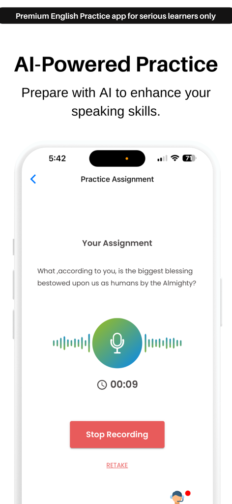 EngVarta: English Speaking App - 英語スピーキング練習のための音声録音機能付きAI搭載練習課題を示すEngVartaアプリインターフェース
