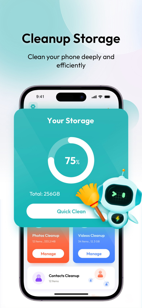 モバイルアプリのインターフェース。ストレージ使用率75%と表示され、「クイッククリーン」ボタンとAIロボットのマスコットが表示されている。