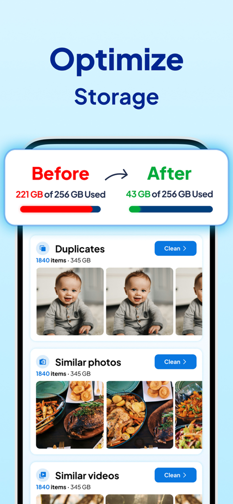 Cleaner GO - Storage Cleanup - Cleaner GO app screen showing storage optimization with before and after results and duplicate photo categories