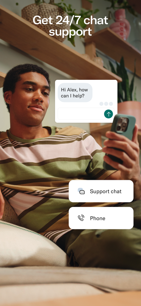 N26 — Love your bank - N26 mobile banking app interface showing 24/7 chat and phone support options with a user on his smartphone