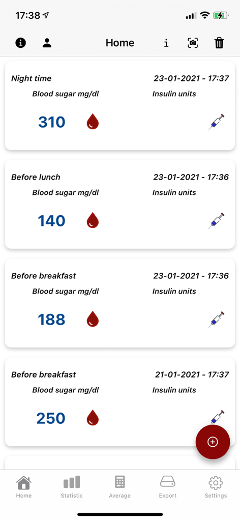 Home screen of the Blood sugar diary app showing a list of logged glucose readings and insulin units by time of day