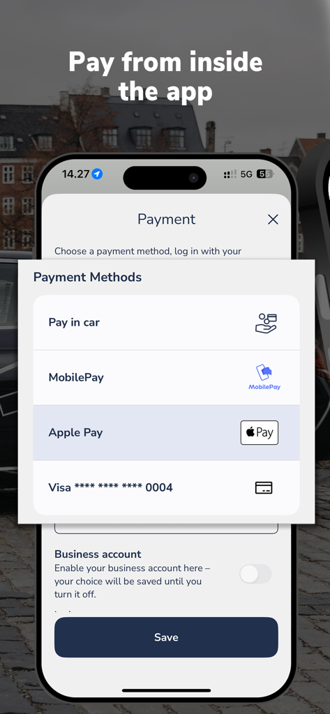TAXA 4x35 - Easy taxi booking - In-app payment selection screen in the TAXA 4x35 taxi app featuring Apple Pay and business account options