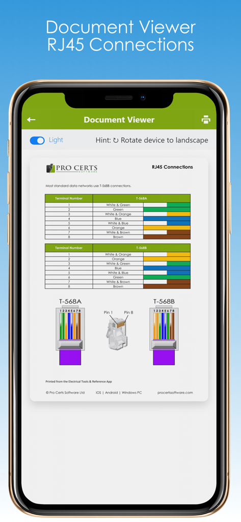 電気工具とリファレンスアプリ内のT568AおよびT568B規格のRJ45接続配線ガイド