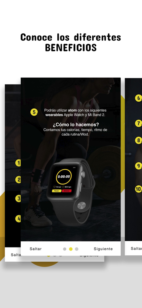 Atom - Atomアプリのオンボーディング画面、Apple Watchでのワークアウト追跡機能を紹介しています