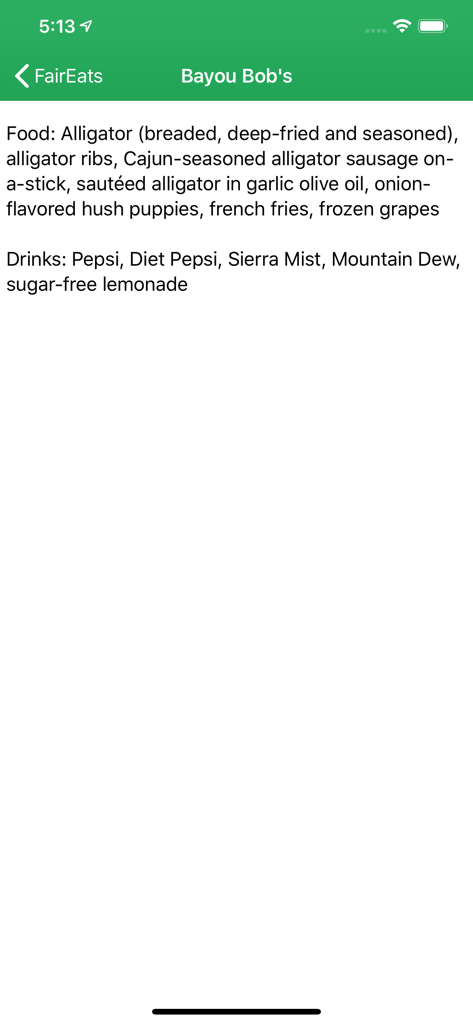 FairEats app screen showing the food and drink menu for the Bayou Bobs vendor