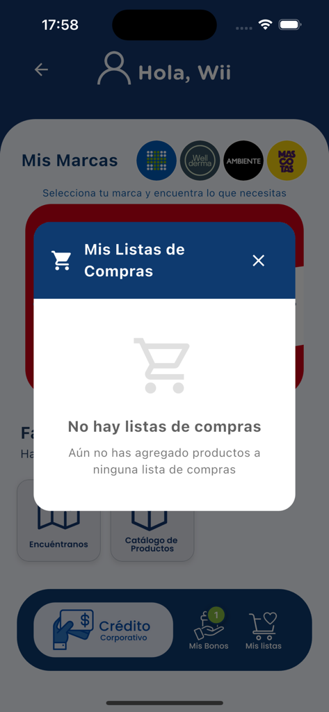 Tu App Farmacia - A popup showing an empty shopping list within the Tu App Farmacia mobile application interface.