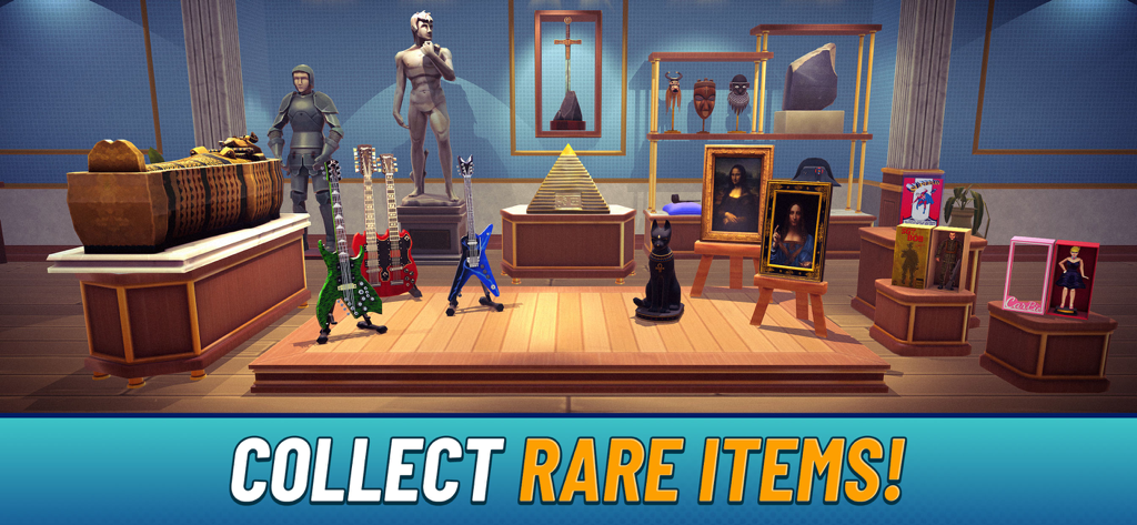 Bid Wars: Auction Master 3D - A gallery room displaying rare 3D treasures and collectibles like a sarcophagus and paintings