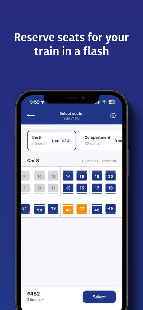 Ukrainian Railways mobile app seat reservation interface showing a train carriage layout for booking.