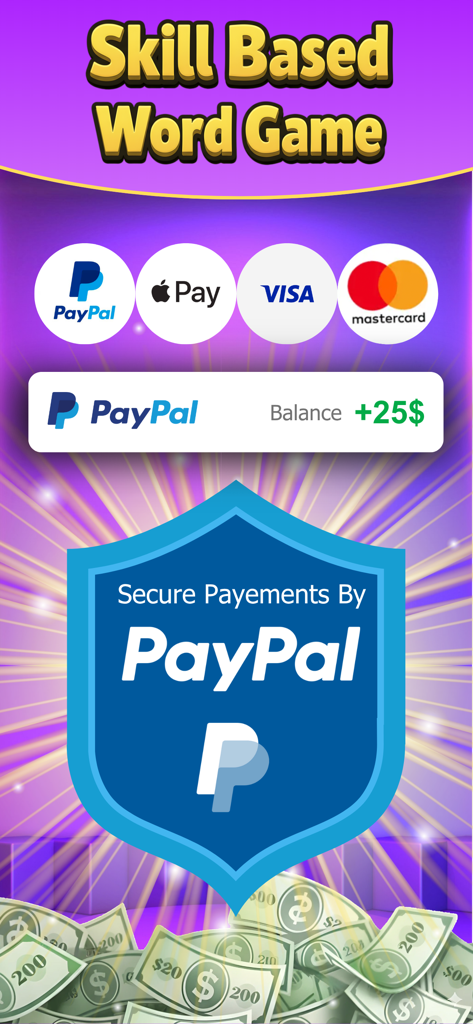 Skill based word game interface showcasing secure payment options like PayPal and Apple Pay with cash rewards