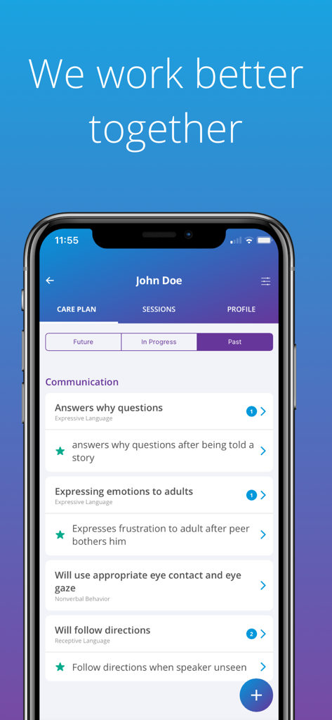Note ABA - Note ABA mobile app screenshot showing a client care plan with communication goals and behavioral targets.