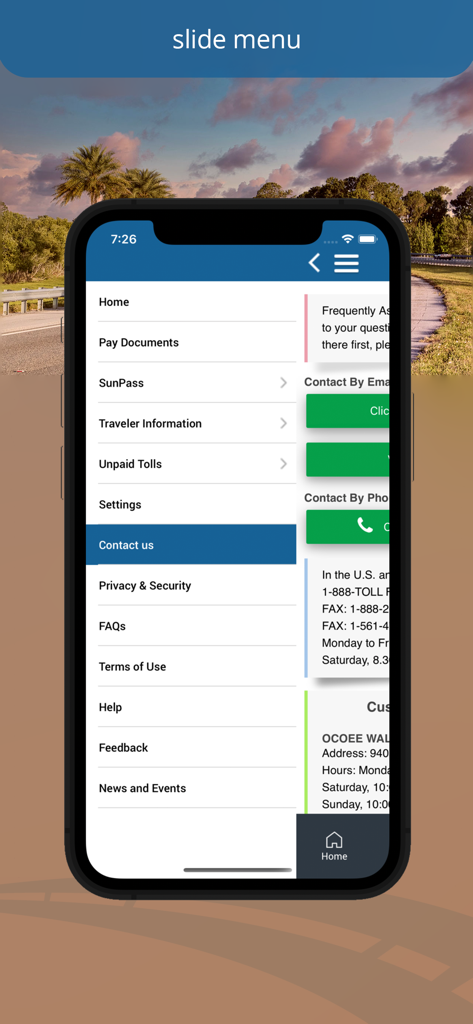 Slide menu of the SunPass mobile app showing navigation options like Home, Pay Documents, and Contact us.