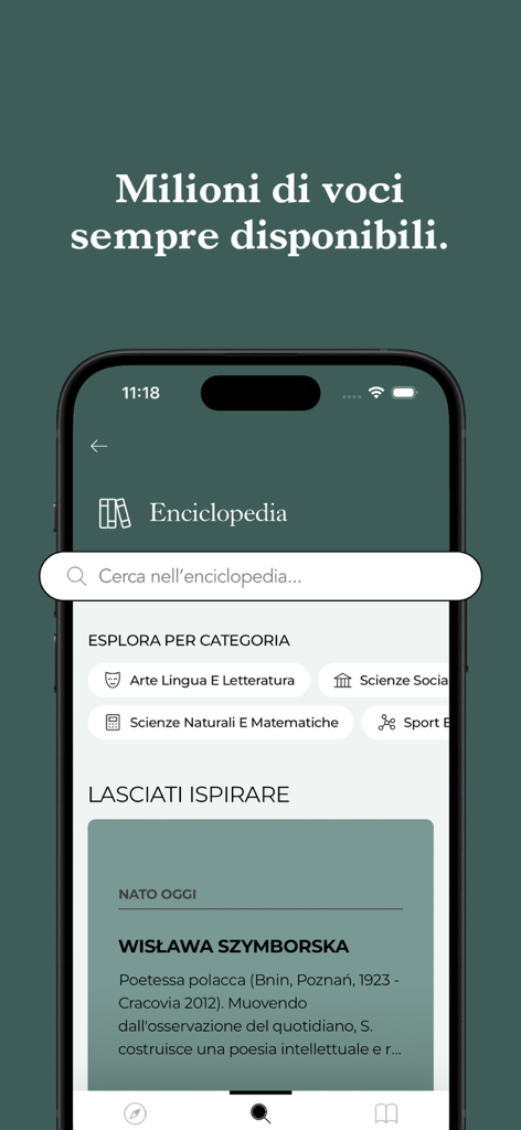 Interface de l'application mobile Treccani montrant la barre de recherche de l'encyclopédie et les catégories culturelles