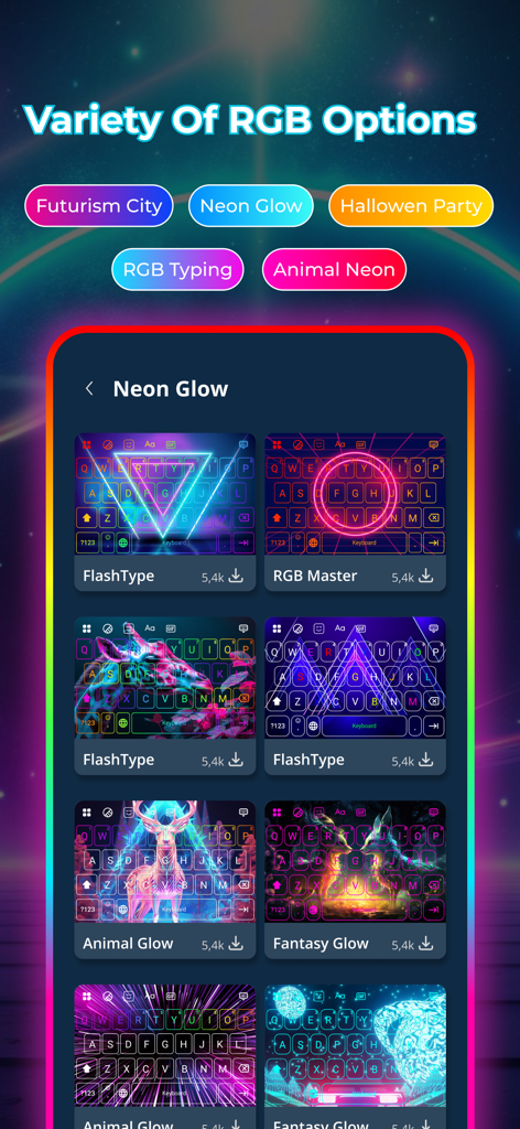 A variety of neon RGB keyboard themes including futuristic and animal designs for app customization