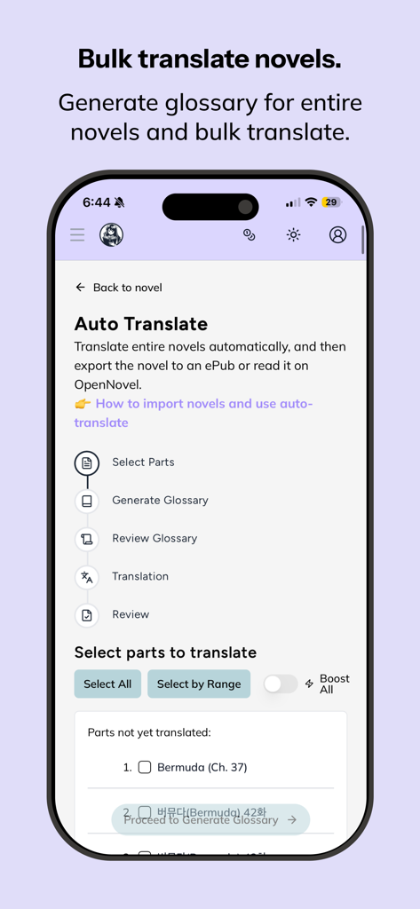 Schermata dell'app OpenNovel per la traduzione in massa di romanzi con opzioni di generazione del glossario.