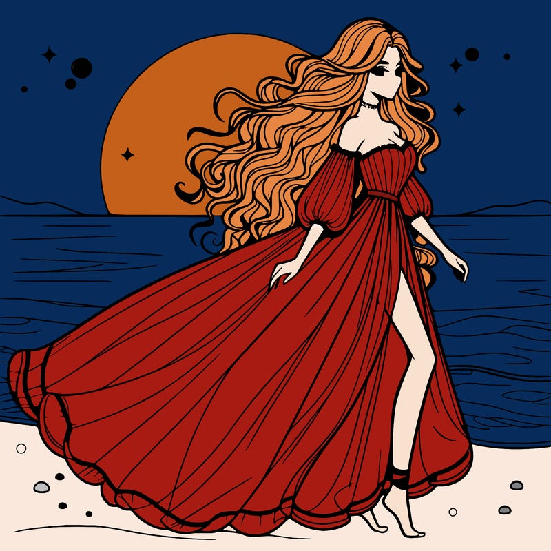 beautiful woman with a vaporous long dress walking on the beach at the noon, detailed art