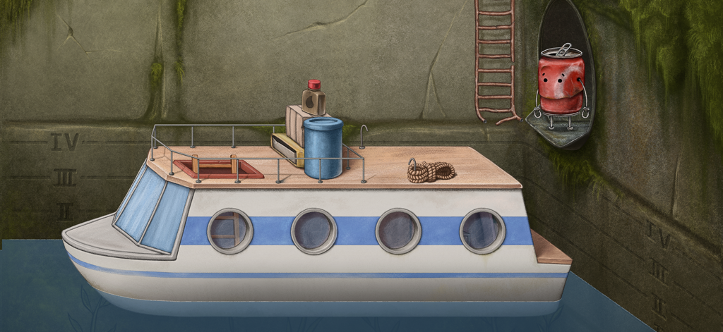 Boxville 2 - Une scène dessinée à la main de Boxville 2 représentant le personnage en boîte rouge observant un bateau d'approvisionnement dans un port.